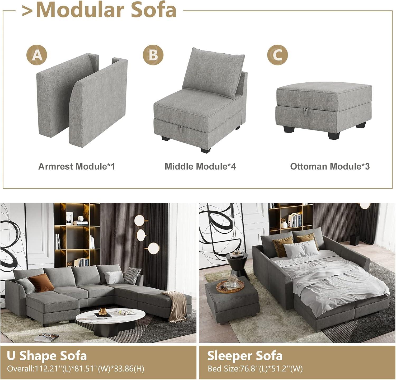 HONBAY U Shape Modular Sectional Sofa with 7 Seaters Sofa Couch with Storage Reversible Chaises, Grey