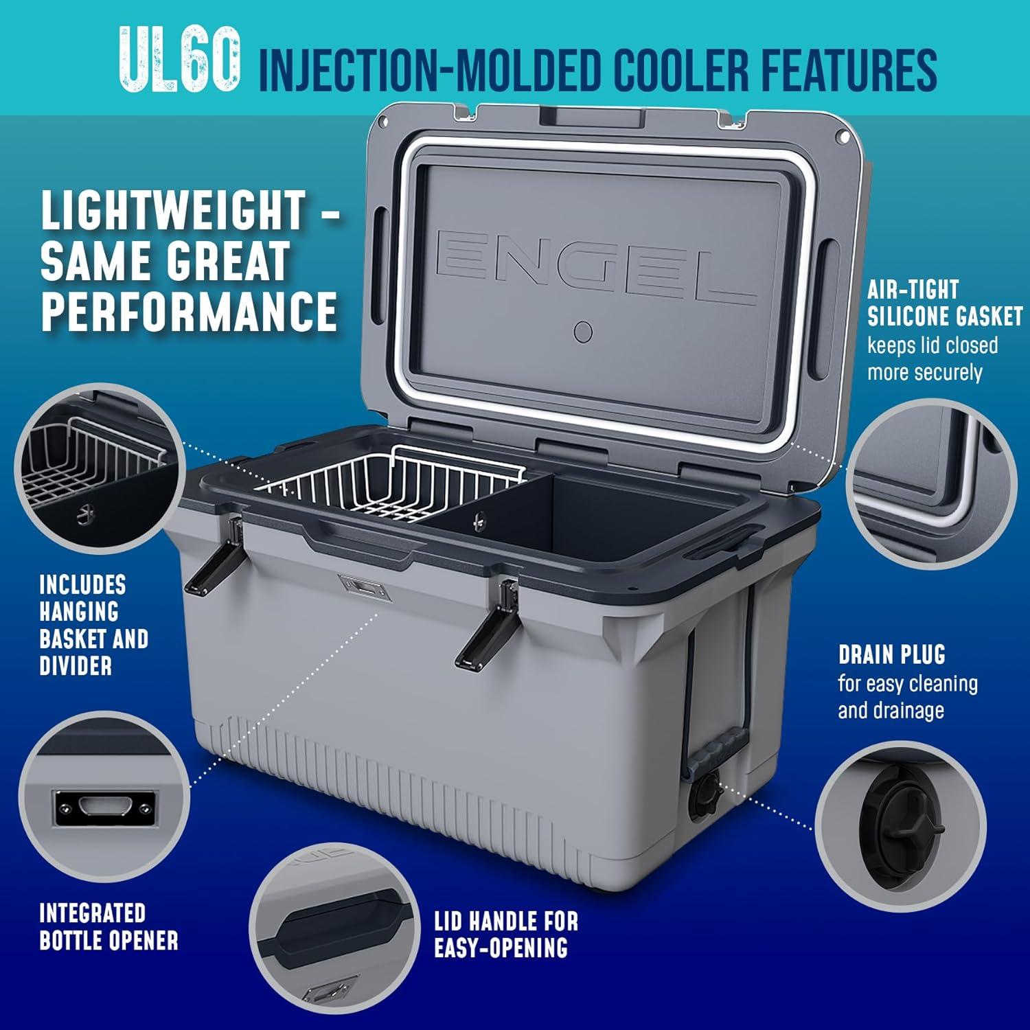 ENGEL 60 Qt UltraLite Cooler With Wire Basket and Divider - Haze Gray