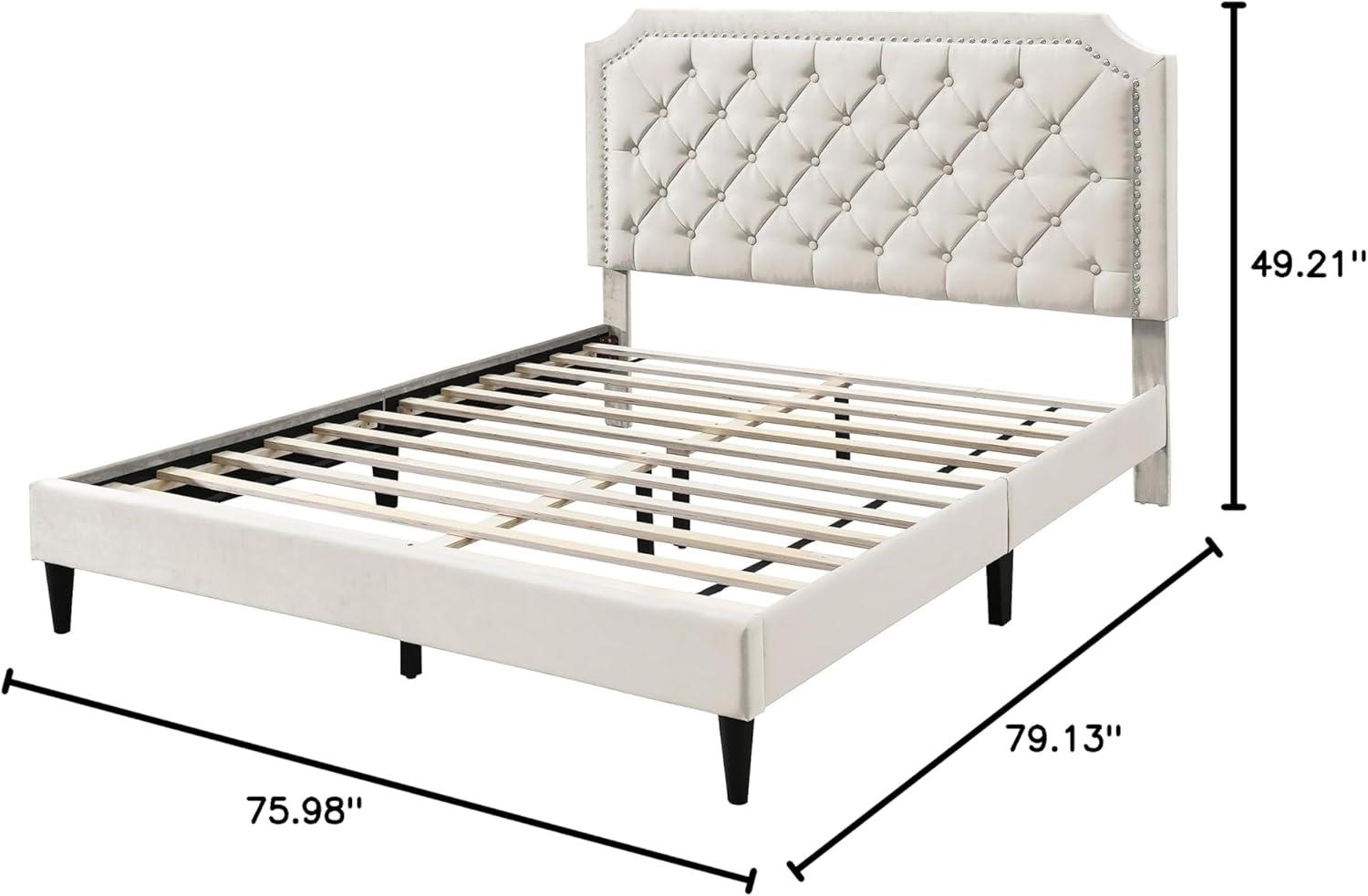 Urban Home Furniture Ava Plush Velvet Tufted Buttoned Upholstered Headboard Clipped Edge Nailhead Decorated Platform Bed Frame with Wood Slats Support Legs Full - Beige