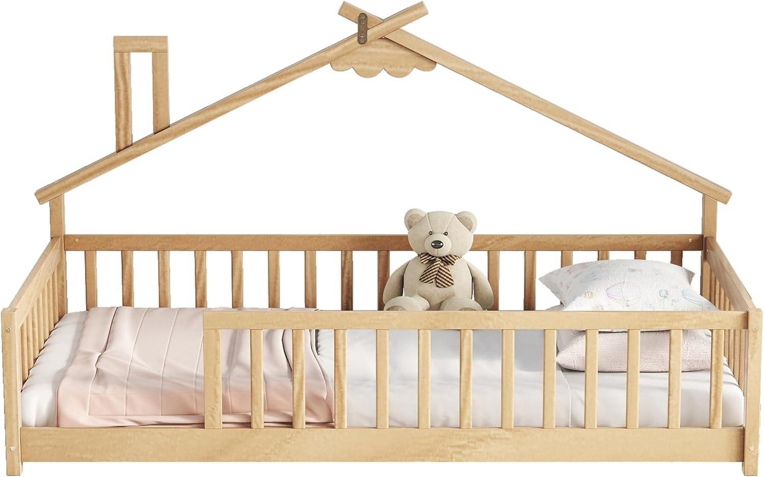 Natural Twin Wood House Frame Floor Bed with Guardrails