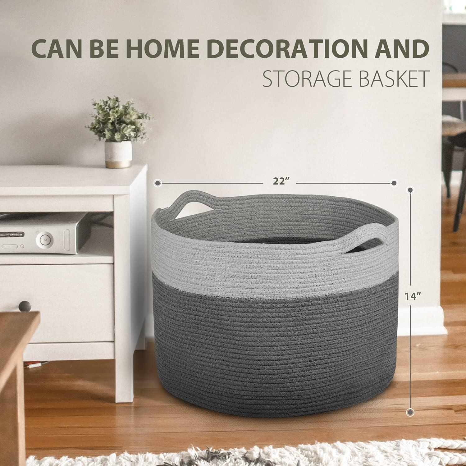 AivaToba Cotton Rope Basket, 22” x 14” Blanket Basket for Living Room, Woven Baby Laundry Baskets with Handles for Toys, Storage, XXXLarge Basket for Organizing