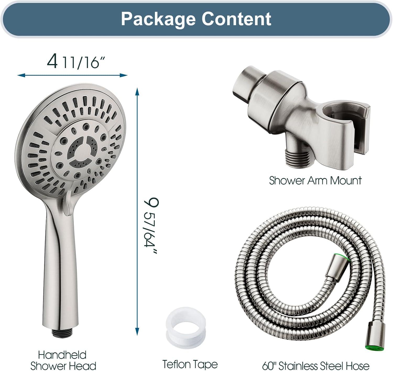 Brushed Nickel Handheld Shower Head with 9 Spray Settings