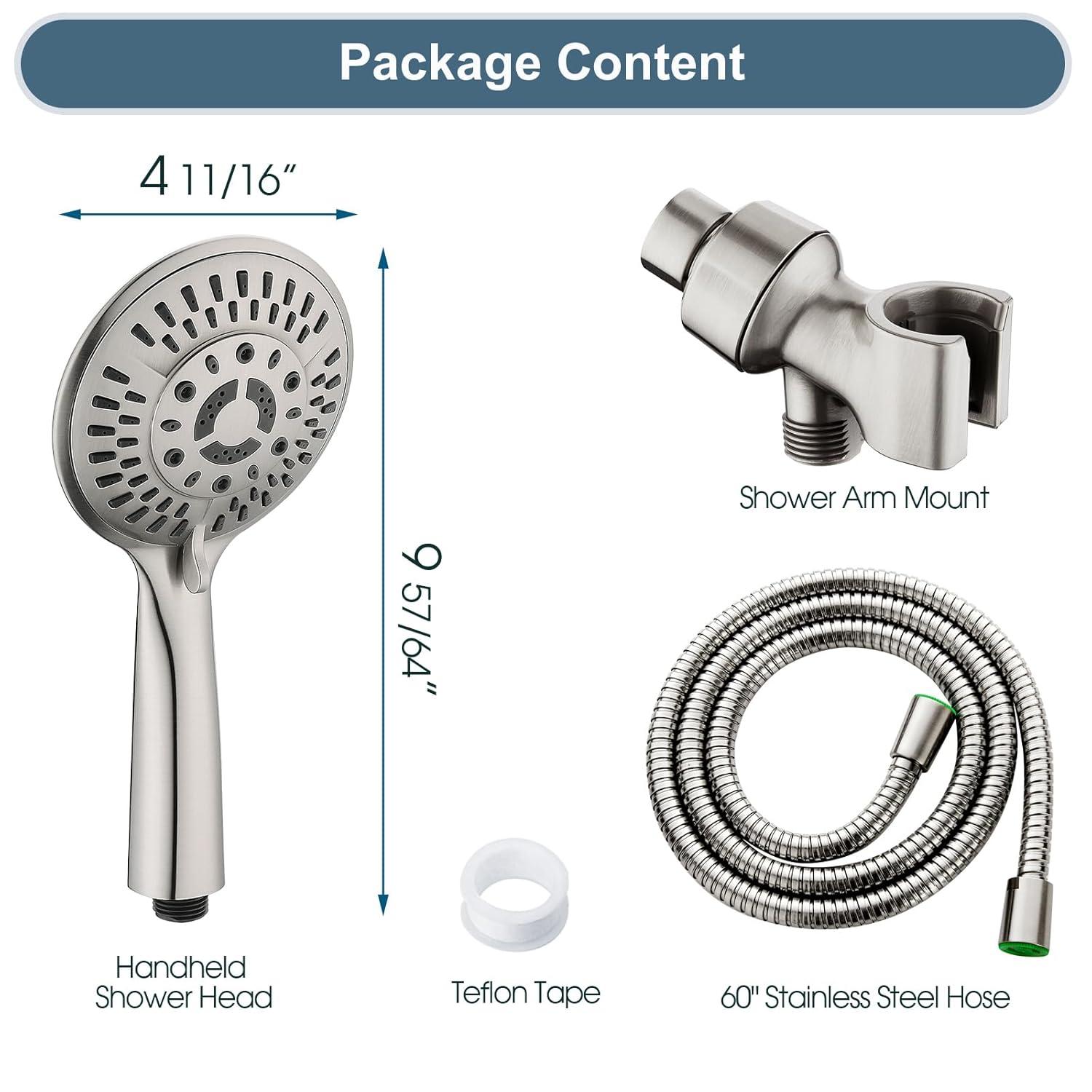 BRIGHT SHOWERS 9 Spray Settings Shower Head with Handheld High Pressure Brushed Nickel Hand Held Showerhead with 60 Inch Stainless Steel Hose and Adjustable Overhead Bracket