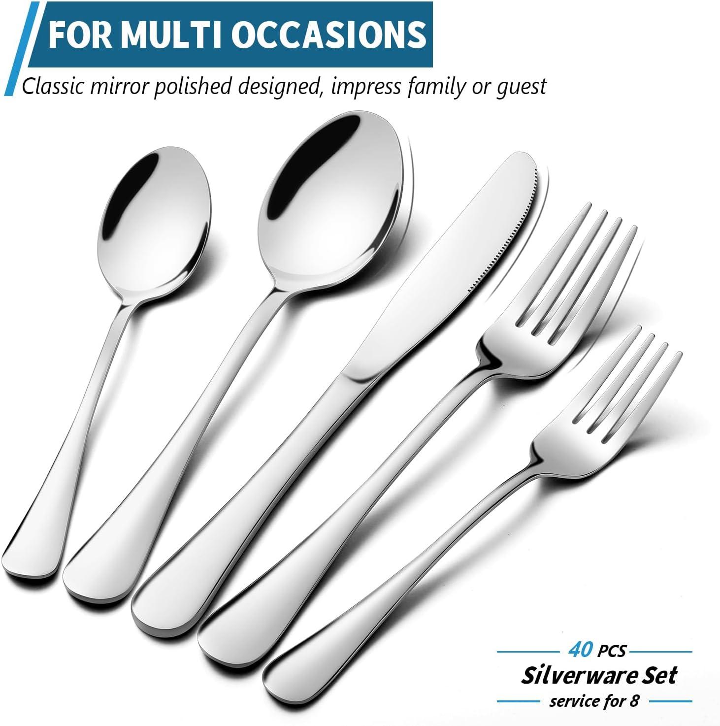 40-Piece Polished Stainless Steel Flatware Set for 8