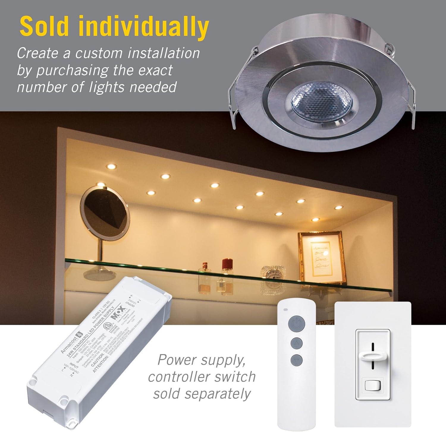 Swivel Recessed Under Cabinet LED Puck Light, 2700K, Brushed Steel Undercabinet Puck Light