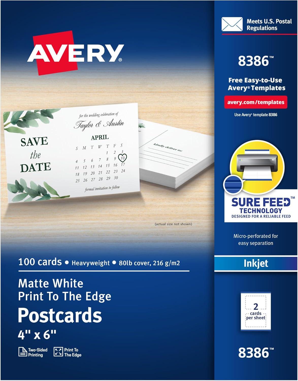 Avery Printable Postcards with Sure Feed, 4" x 6",White (8386)