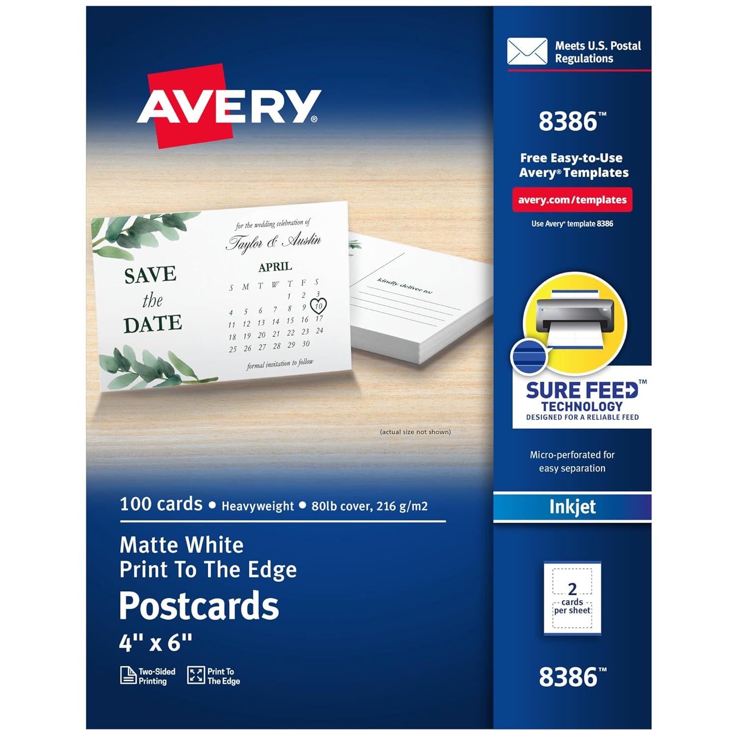 Avery Printable Postcards with Sure Feed, 4" x 6",White (8386)