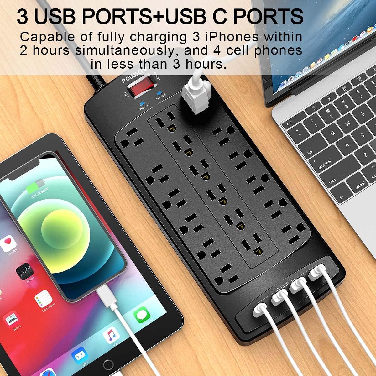 Heavy Duty Black 18-Outlet Surge Protector Power Strip with USB Ports