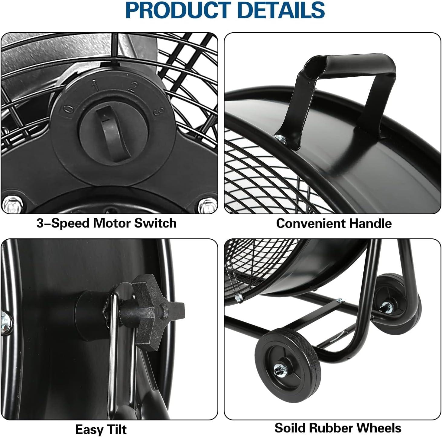 BILT HARD 24" 8100 CFM High Velocity Industrial Drum Fan, 3-Speed Heavy Duty Metal Shop Fan, UL Listed