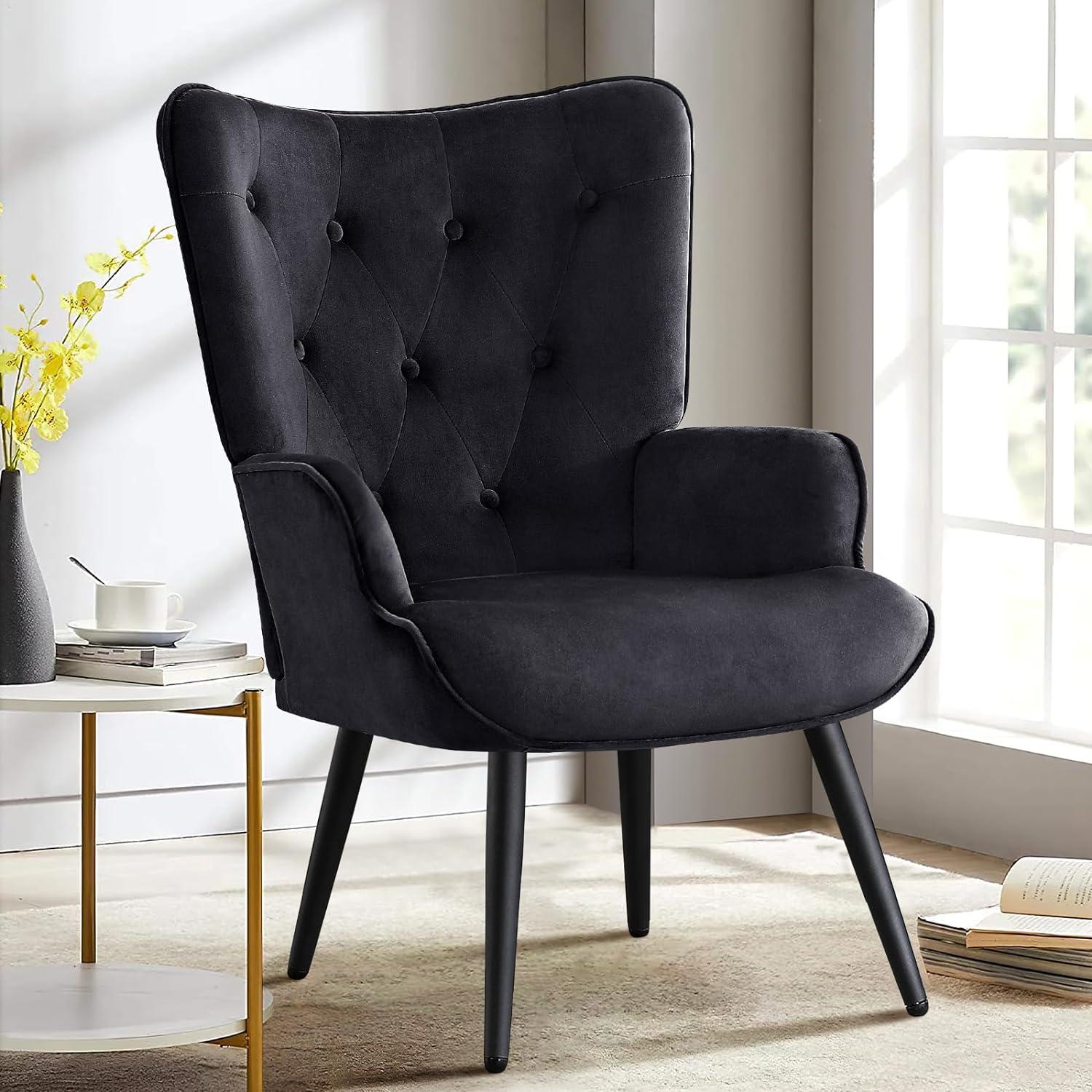 Furniliving Button-Tufted Accent Chair Velvet Wingback Chair Leisure Chair for Living Room, Black