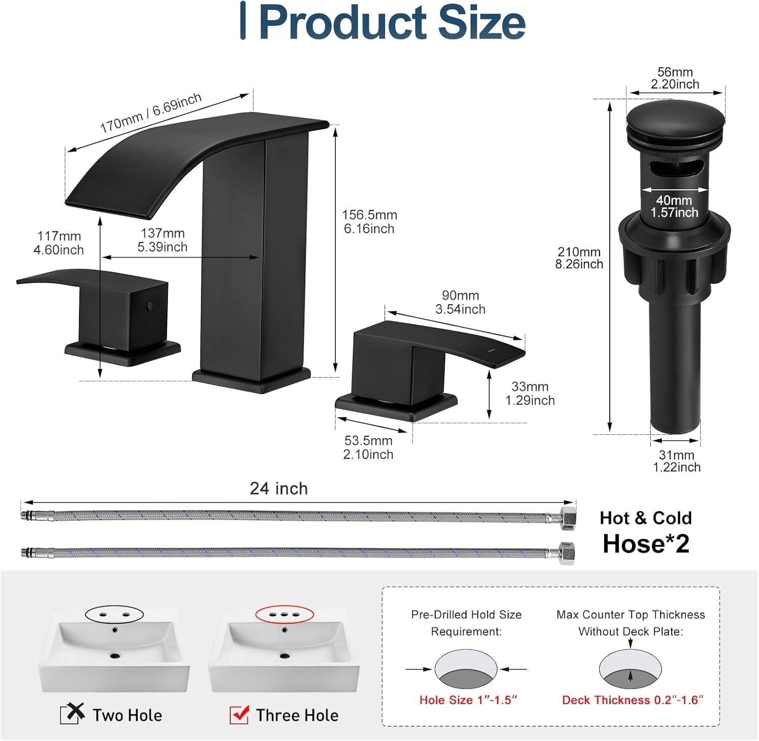 Matte Black Modern Waterfall 3-Piece Bathroom Faucet Set