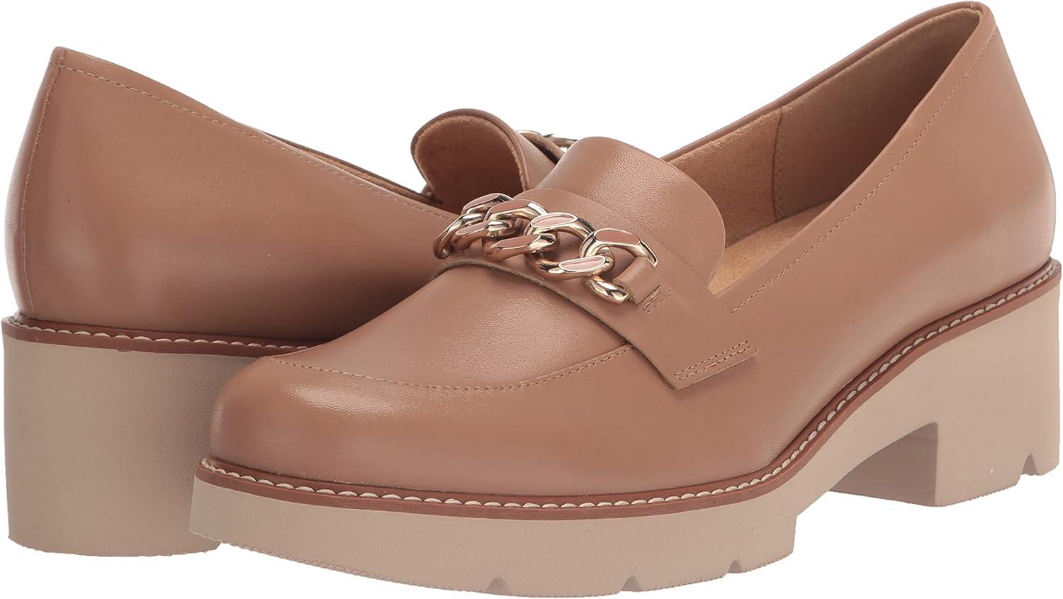 Desi Taupe Leather Platform Loafer with Metallic Chain Accent