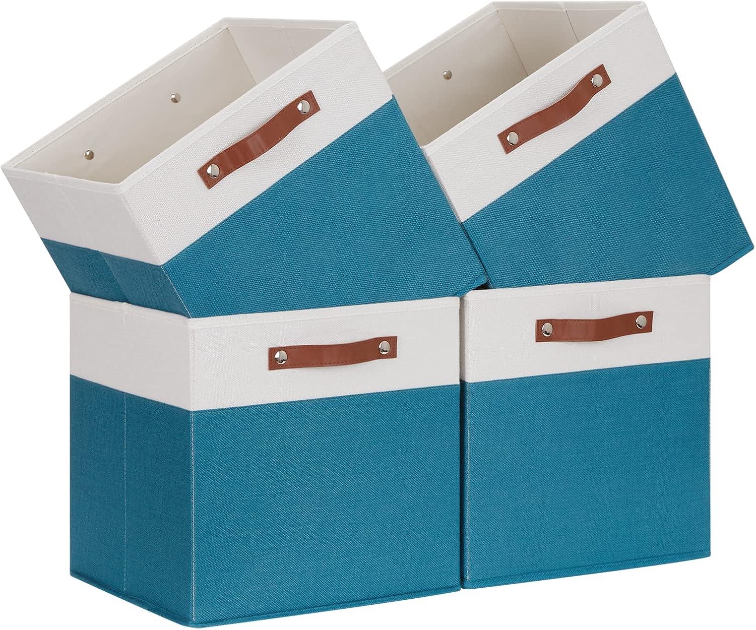 Tegance 13x13 Storage Cubes Baskets 4 Pack Fabric Cube Storage Bins Large Storage Baskets with Leather Handles,Decorative Storage Boxes for Organizing Shelves(WhiteGreen)