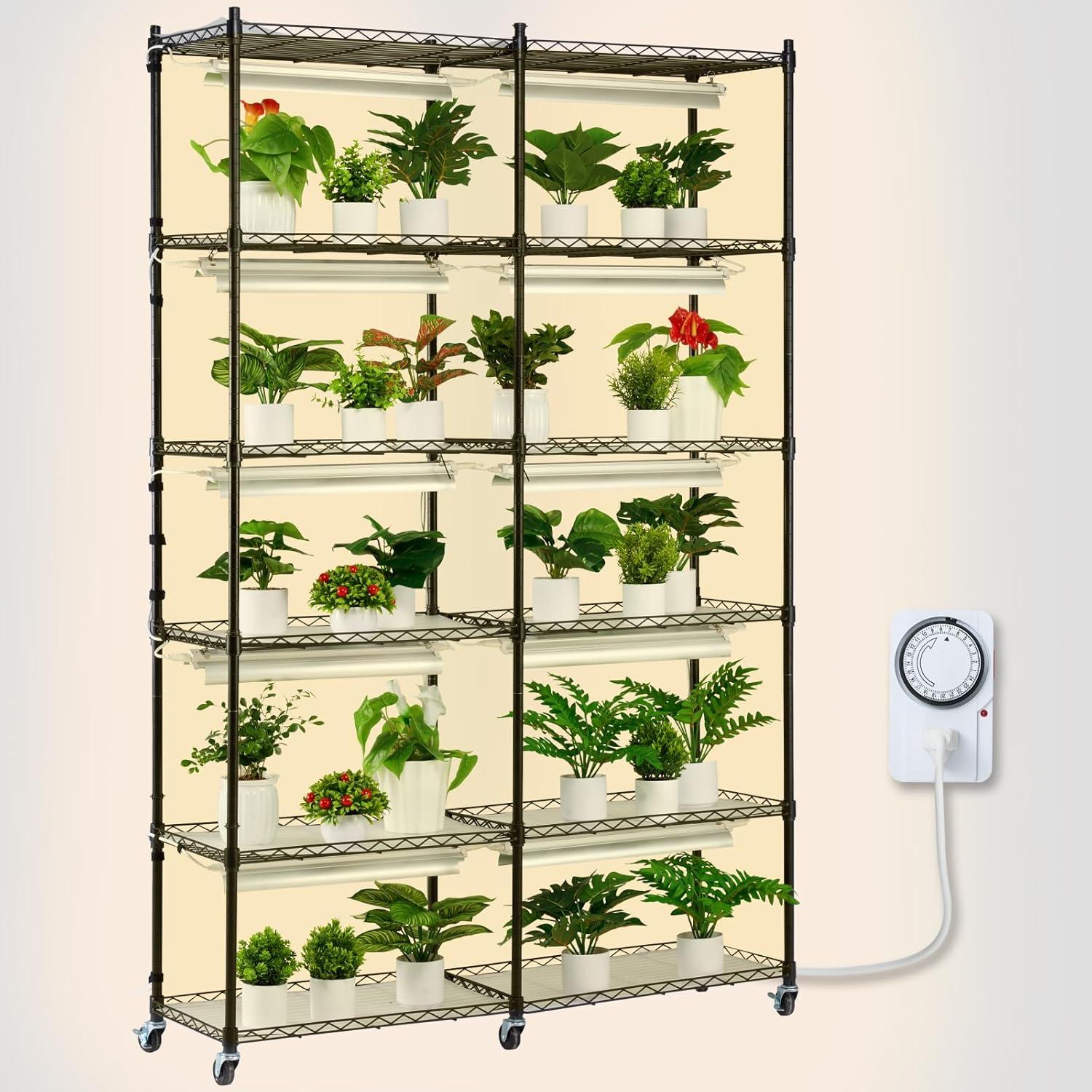 VEVOR Black Steel 6-Tier Plant Stand with Grow Light and Timer