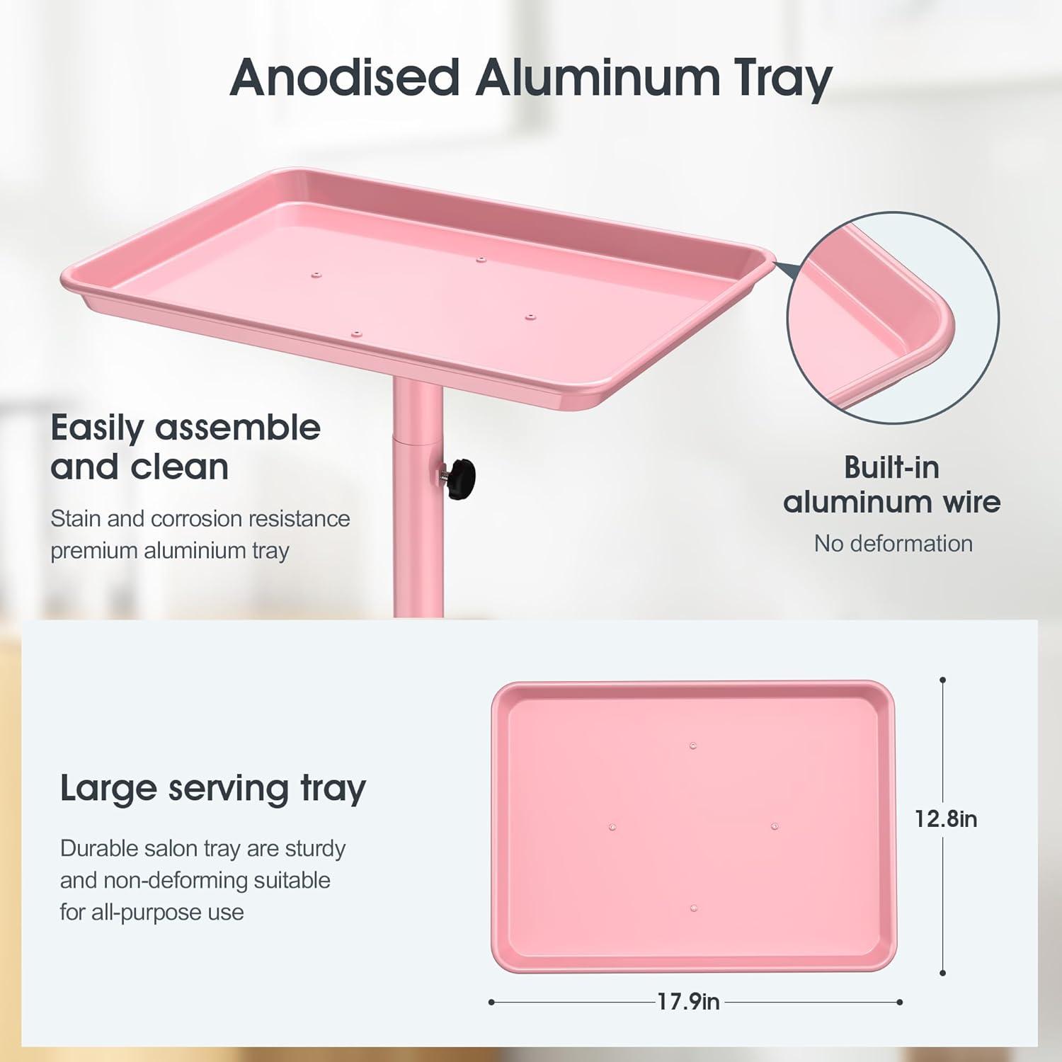 Salon Tray,Height Adjustable Salon Service Rolling Cart,Hair Color Tray with Wheels,Pink