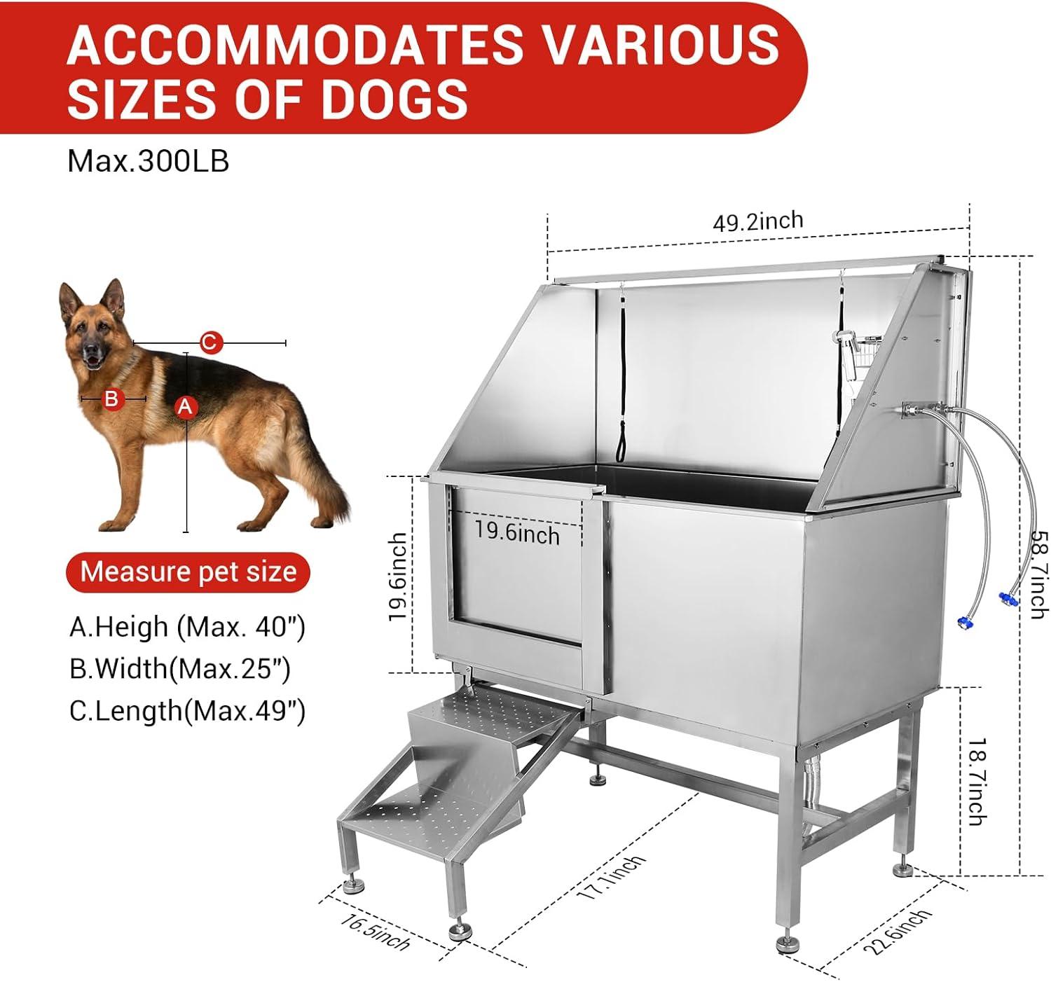 Stainless Steel 50'' Dog Grooming Tub with Ramp and Grate