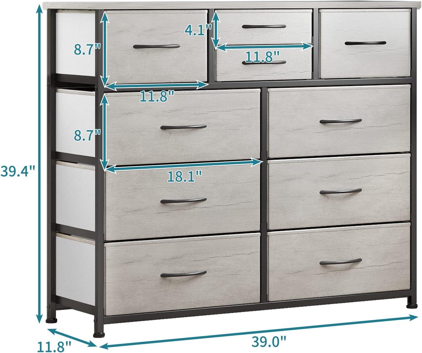 Greige 10-Drawer Fabric Storage Dresser with Steel Frame