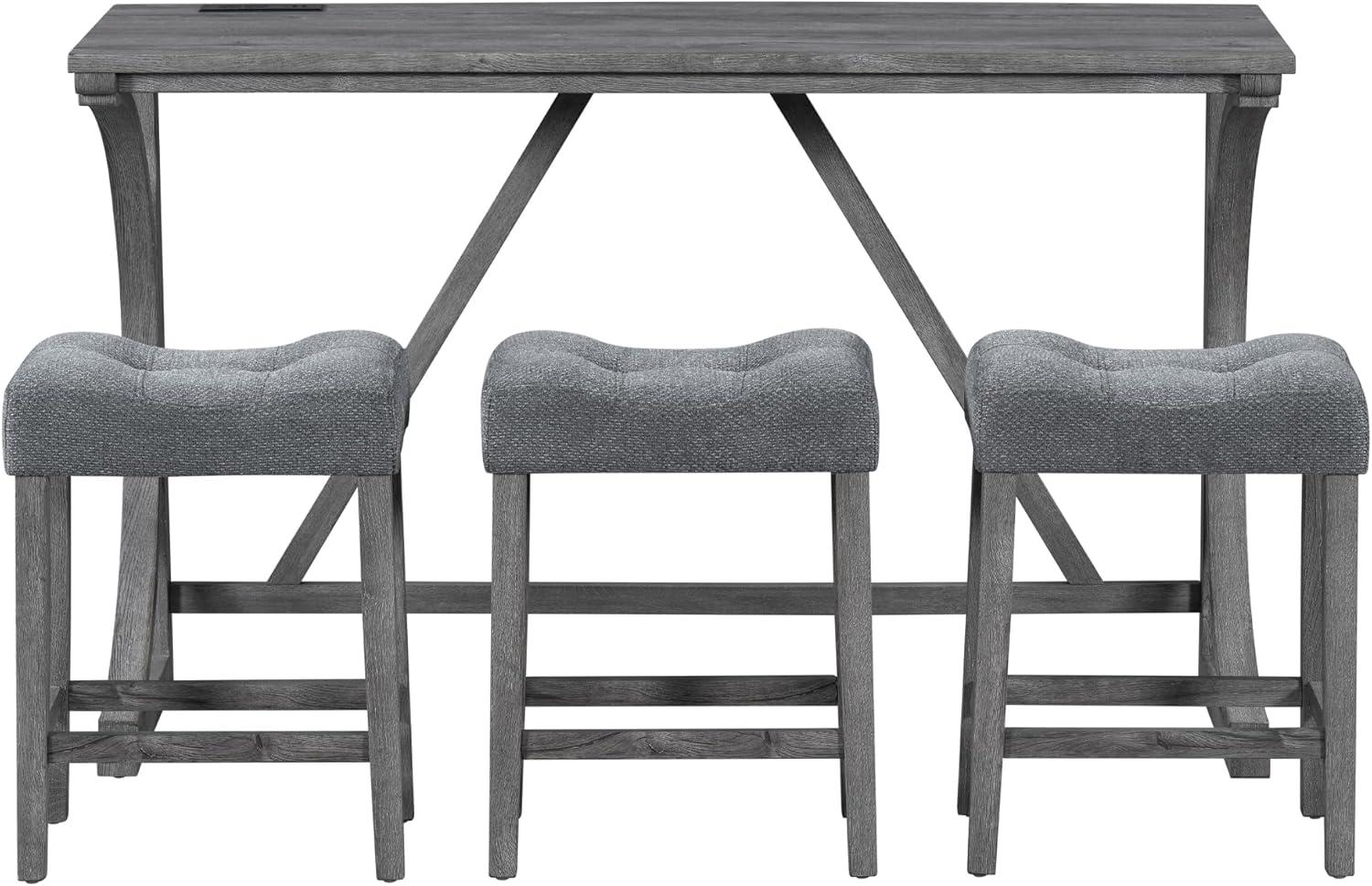 Holaki 4-Piece Farmhouse Counter Height Dining Set, Bar Table and Chairs Set, Wood Dining Table Set with Power Outlet and 3 Upholstered Stools for Breakfast Nook, Living Room, Gray