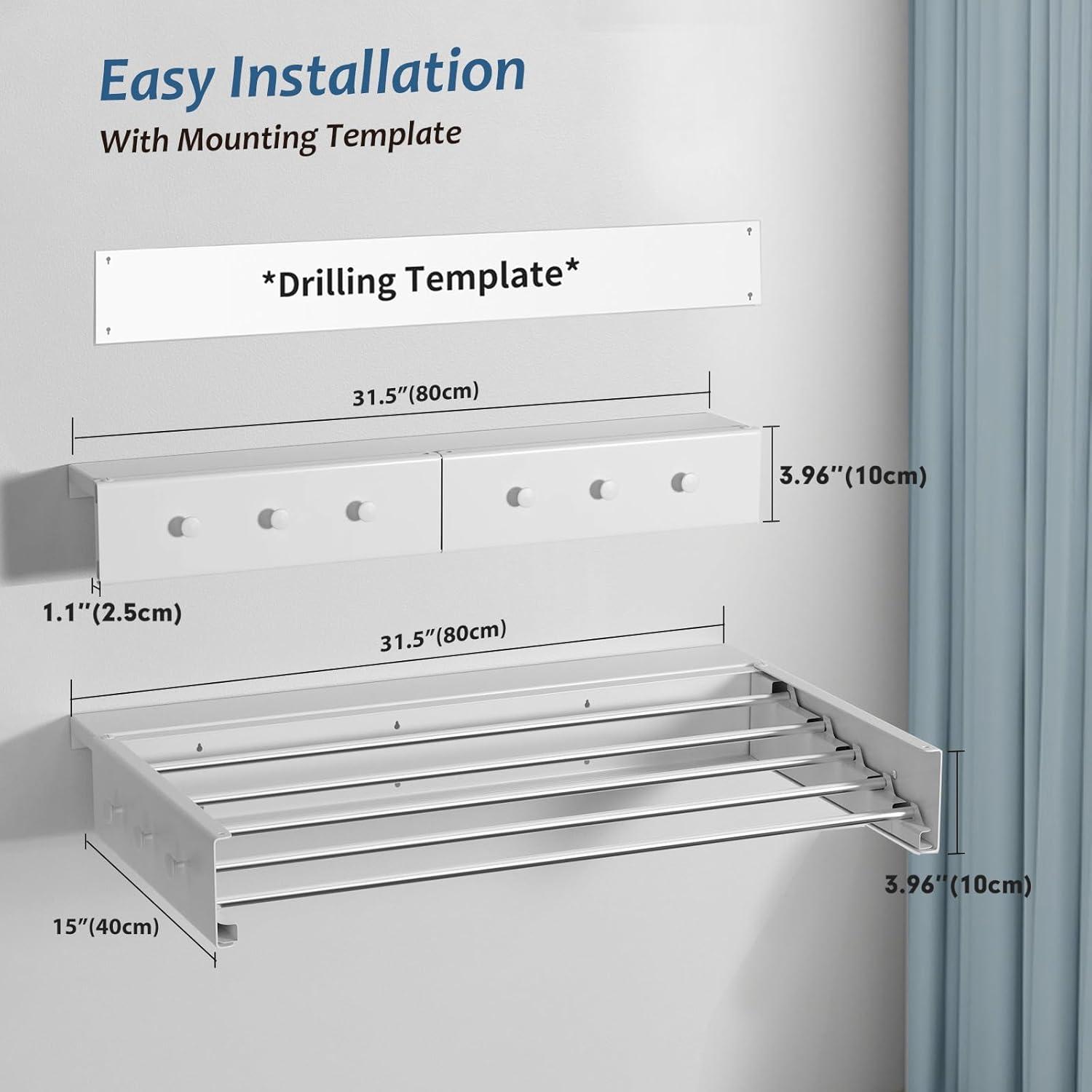 Wall Mounted Drying Rack with Top Shelf, 31.5 Inch Wide Drying Rack with 5 Aluminum Poles, 60 lbs Capacity, Suitable for Swimming Pools, Bathrooms, Living Rooms, Indoor Outdoor