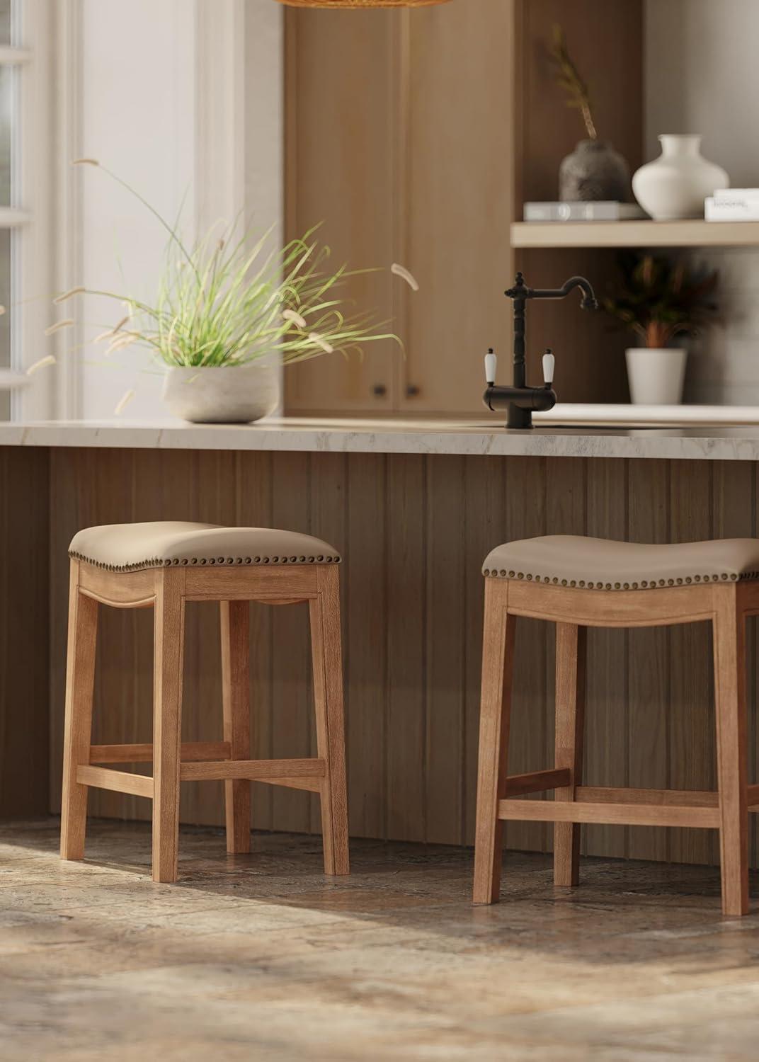 Maven Lane Adrien Saddle Kitchen Counter Stool in Weathered Oak w/ Avanti Bone Vegan Leather