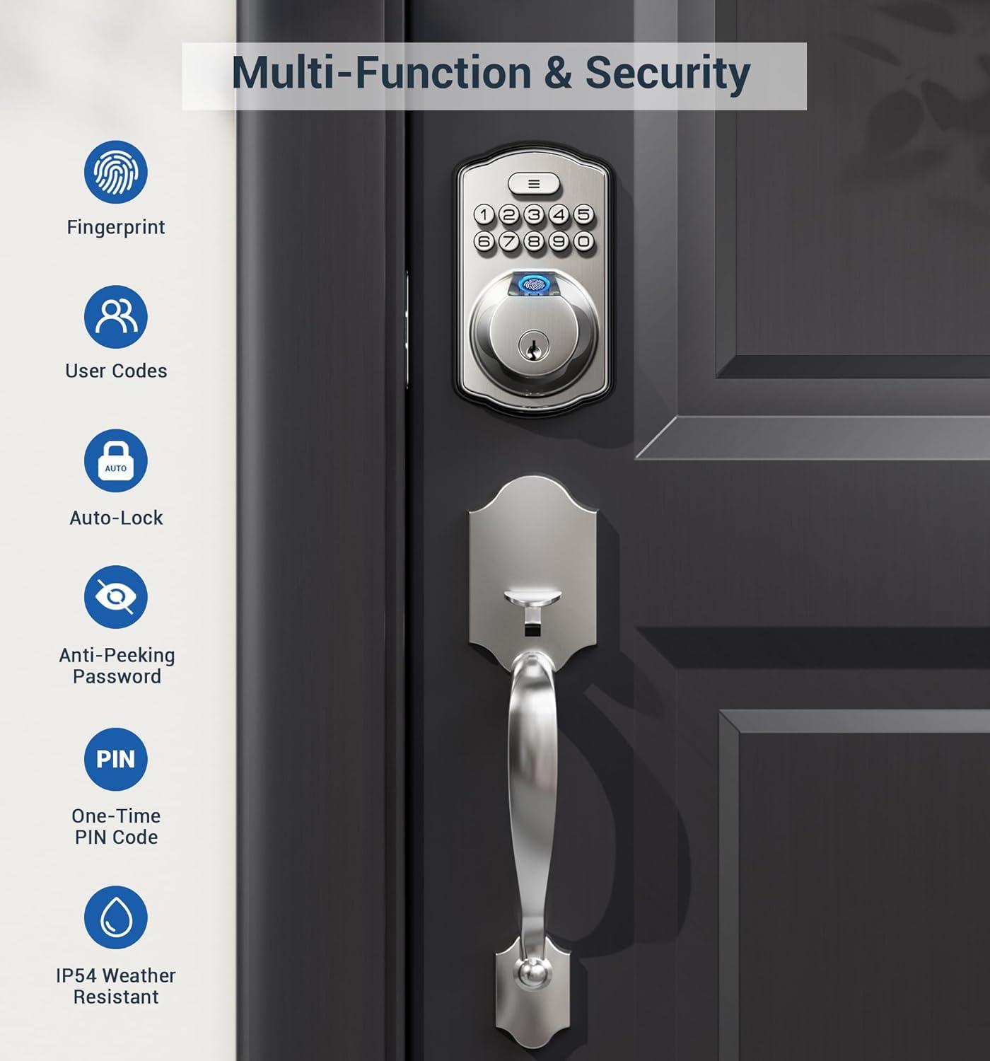 Satin Nickel Electronic Keypad Deadbolt with Fingerprint Sensor