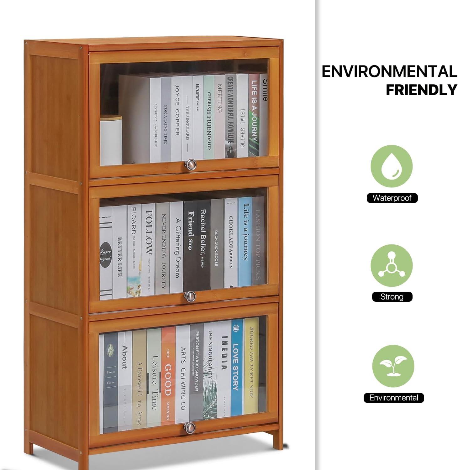 Magshion Bamboo/Acrylic 3 Shelves Bookshelf, with Transparent Door Bookcase, Brown, for Home