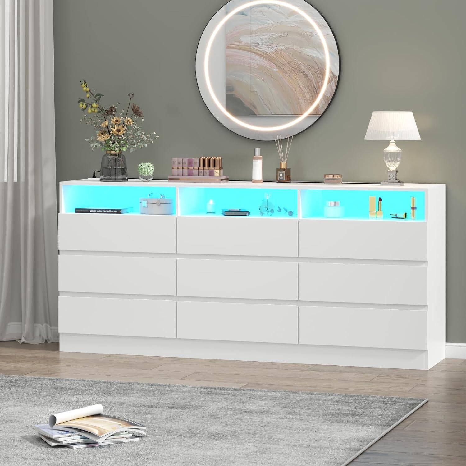 Modern White Double Dresser with LED Lights and Charging Station