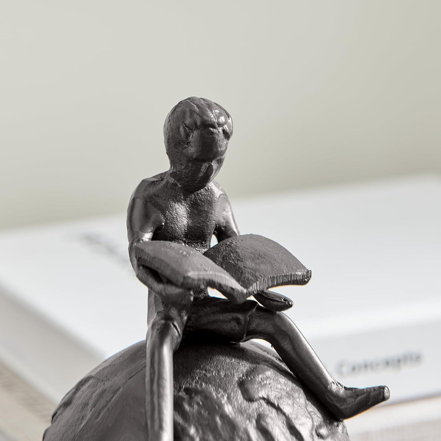 Danya B Brown Cast Iron Boy Reading on Globe Sculpture - Tabletop Desk Ornament or Decorative Paperweight