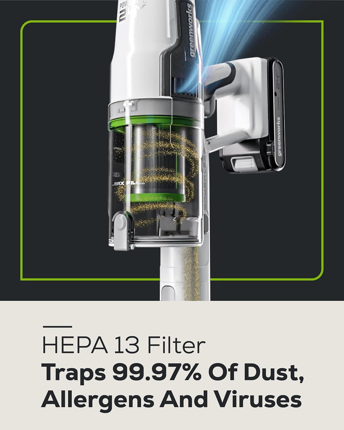 Greenworks 24V Brushless Cordless Stick Vacuum, Lightweight, Handheld, Pet, Anti-Allergen HEPA Filtration, Hard Floor, Carpet, Car, 4Ah Battery, and 30-Minute Charge Time (White)