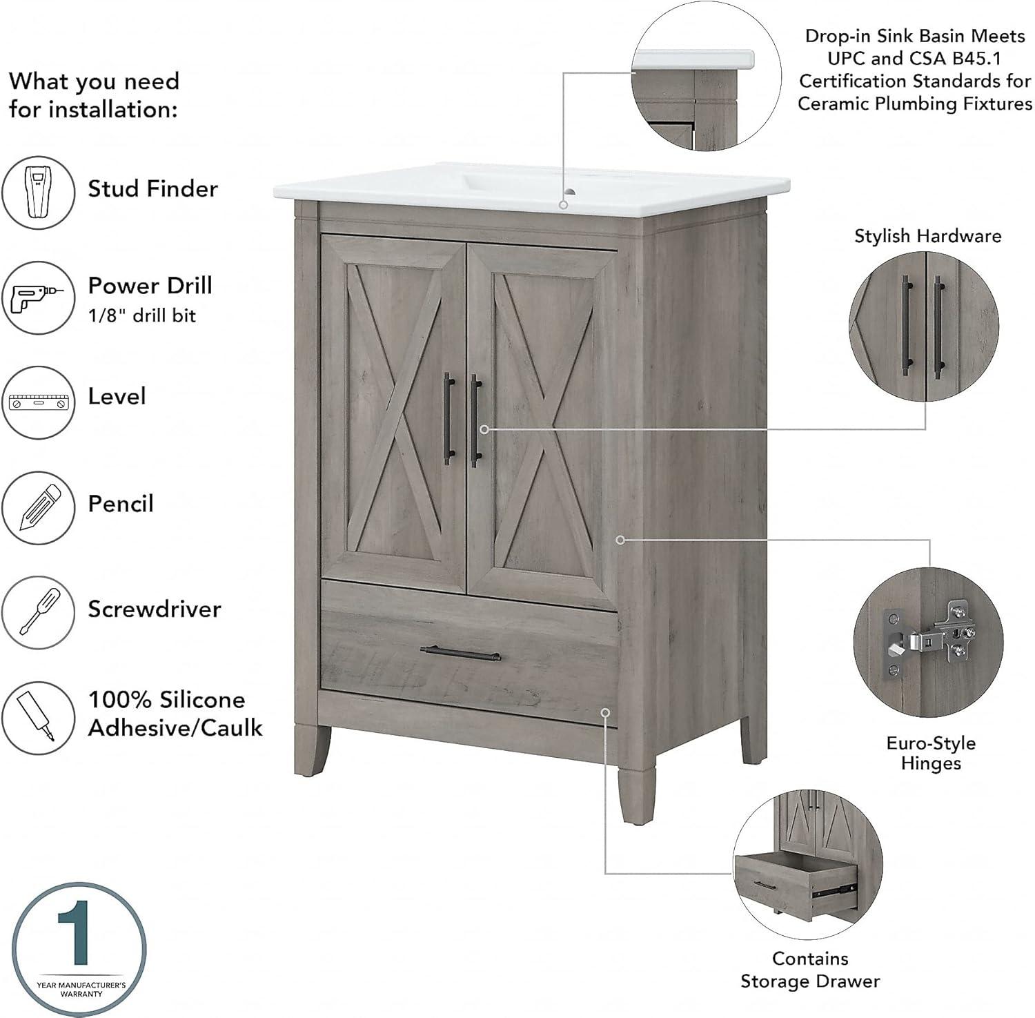 Bush Furniture Key West 24W Bathroom Vanity with Sink in Driftwood Gray