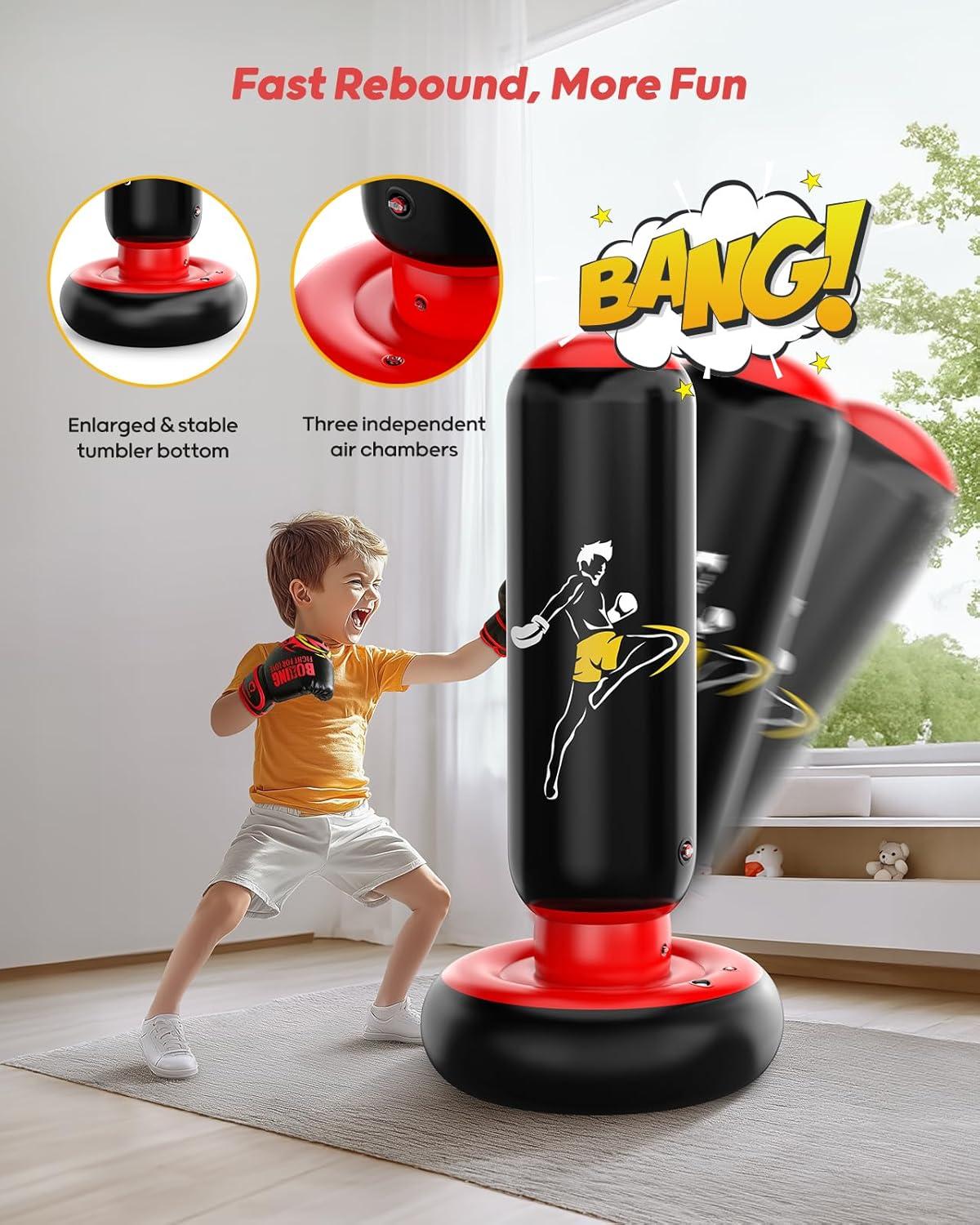 QPAU Larger Punching Bag for Kids, 66" Inflatable Boxing Bag, Gifts for Boys & Girls Age 6-12 for Practicing Karate, Taekwondo, MMA and to Relieve Pent Up Energy in Kids and Adults (Blue)