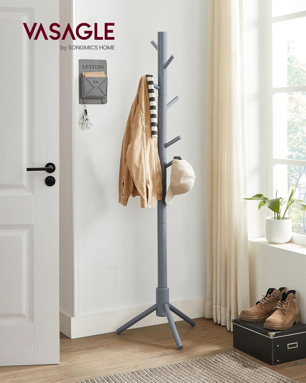 VASAGLE 8 Hooks Solid Wood Coat Rack Free Standing Coat Rack Tree-Shaped Coat Rack with for Clothes Hats Bags for Living Room Bedroom Grey