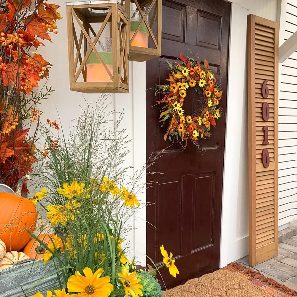 Artificial Fall Wreath 20 Inch Autumn Wreath for Front Door Thanksgiving Wreaths Orange Yellow Red Daisy Flower Wreath Artificial Wreath for Home Farmhouse Decor