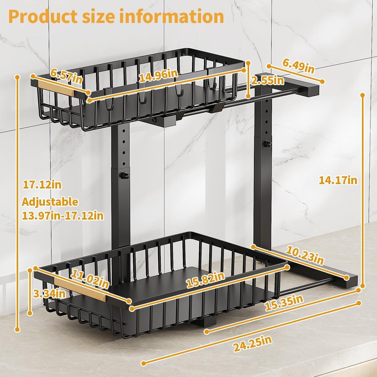 DELAMU 2 Pack Under Sink Organizers and Storage, Pull Out Trash Can Under Cabinet, 2 Tier Bin Organizer with Hooks and Haning Cups, Multi-Purpose Sliding Under Cabinet Organizer