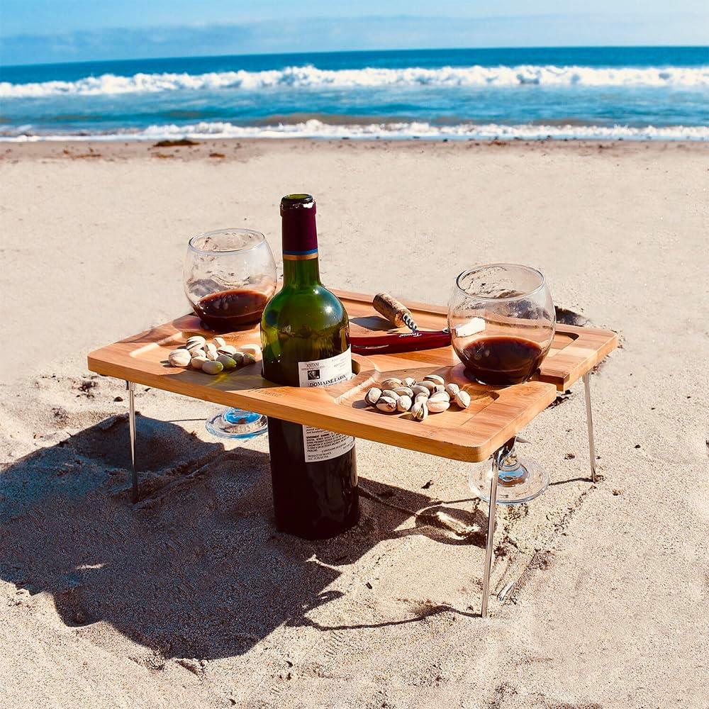 Tirrinia Bamboo Wine Picnic Table, Ideal Wine Lover Gift, Large Folding Portable Outdoor Snack & Cheese Tray for Concerts at Park, Beach