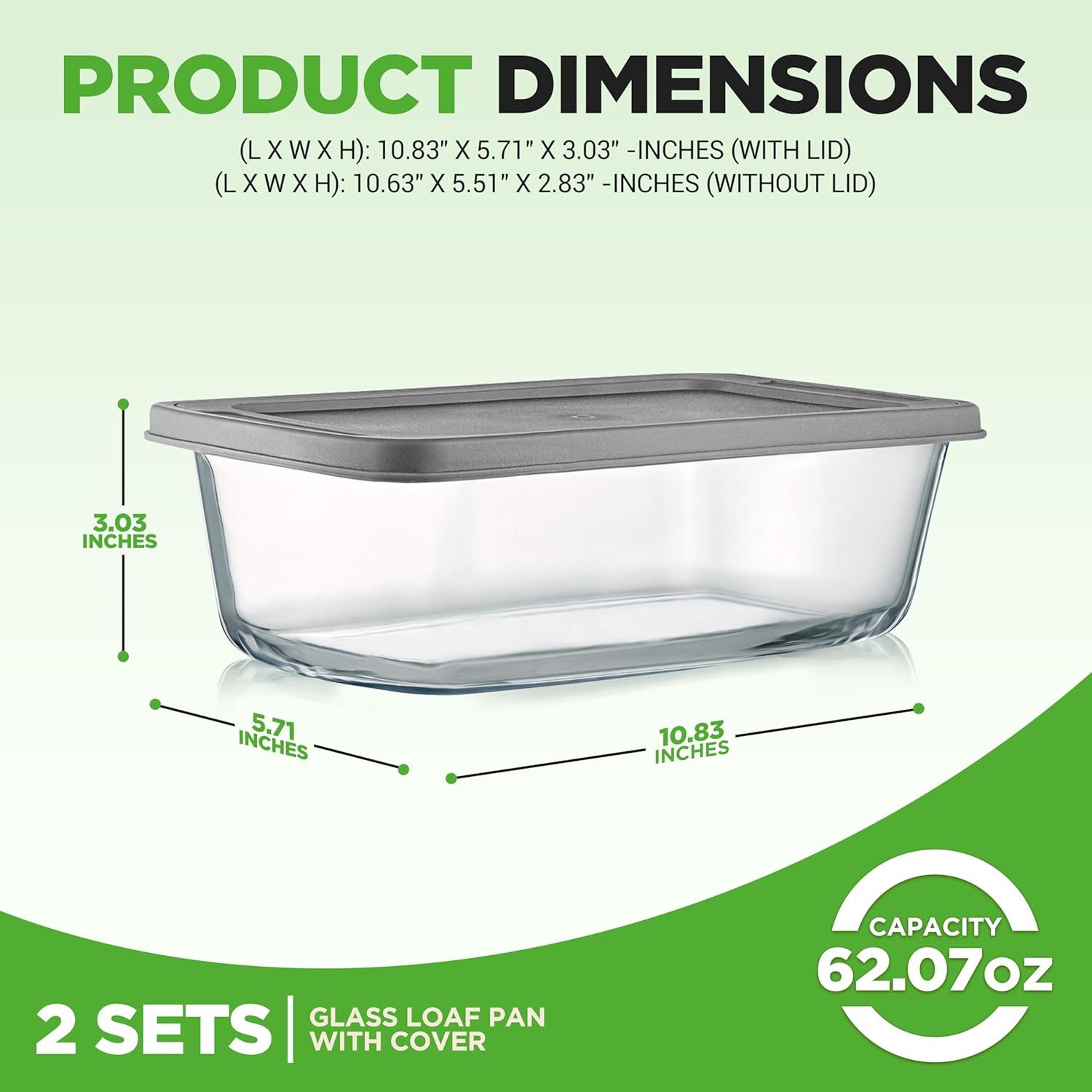 NutriChef Clear Glass Meal Prep Loaf Pan Set with BPA-Free Lid