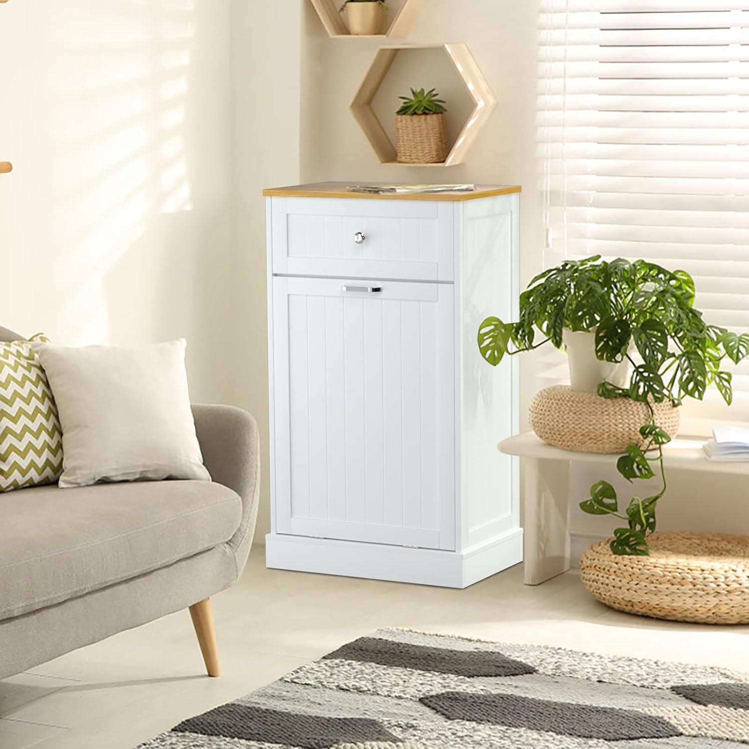 White Wooden 10 Gallon Pull-Out Trash Cabinet with Drawer