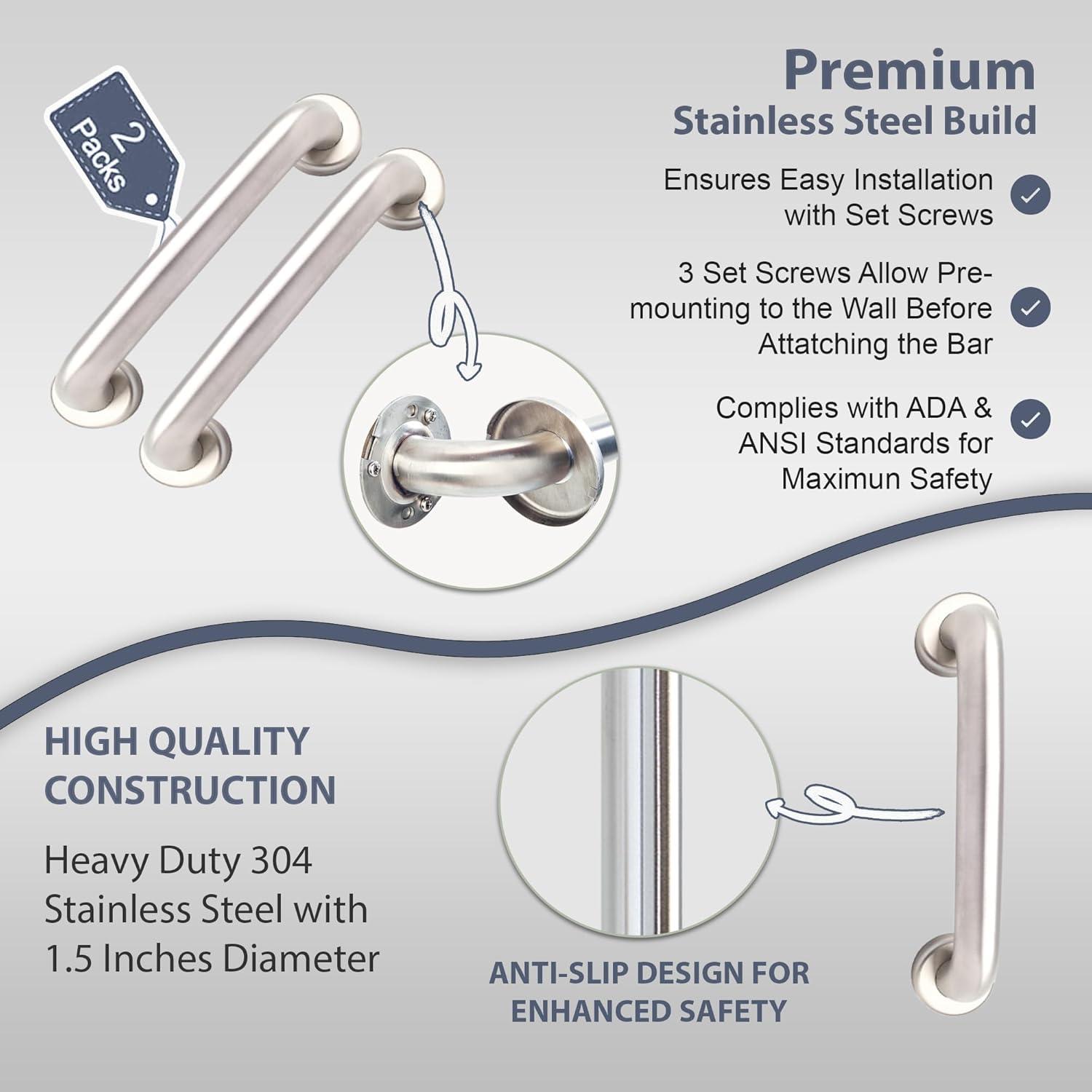 Grab Bar for Bathtub Shower - 1.5" Dia. / Stairs Bed Toilet Bathroom / Stand Assist & Safety Handrail / 304 Stainless Steel / Smooth Grip / 12"