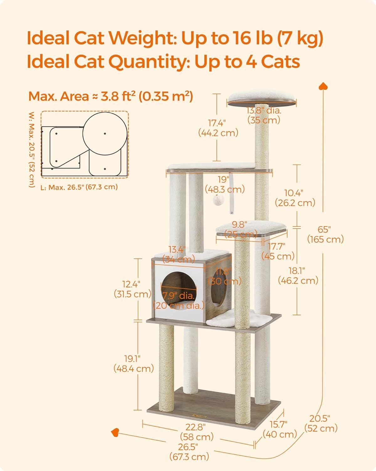 Feandrea 65-Inch Greige Multi-Level Cat Tree with Scratching Posts