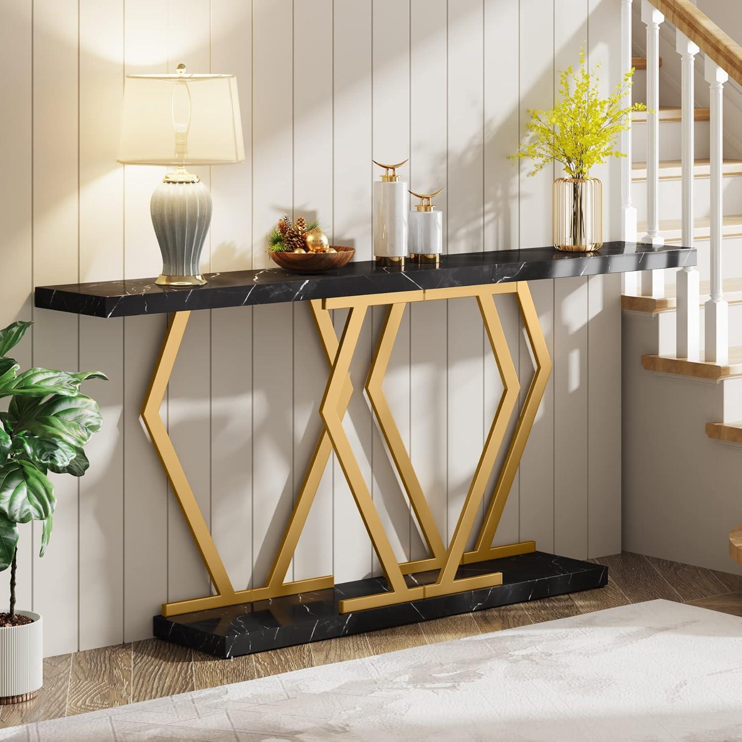 Yardi Yarda 70.9" Console Table, Modern Sofa Table with Faux Marble Tabletop, Faux Marble Black & Gold