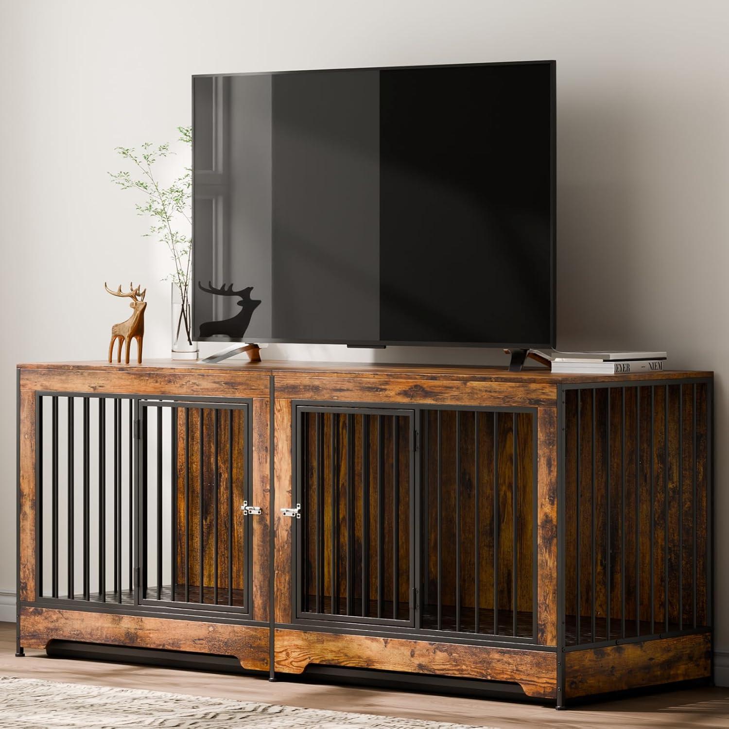 VEVOR 72"Dog Crate Furniture for 2 Dogs,Double Dog Crate Furniture with Double Sliding Doors,Large Dog Crate TV Stand with Removable Tray,Steel Frame Double Dog Crate for Small,Medium,Large Dogs White