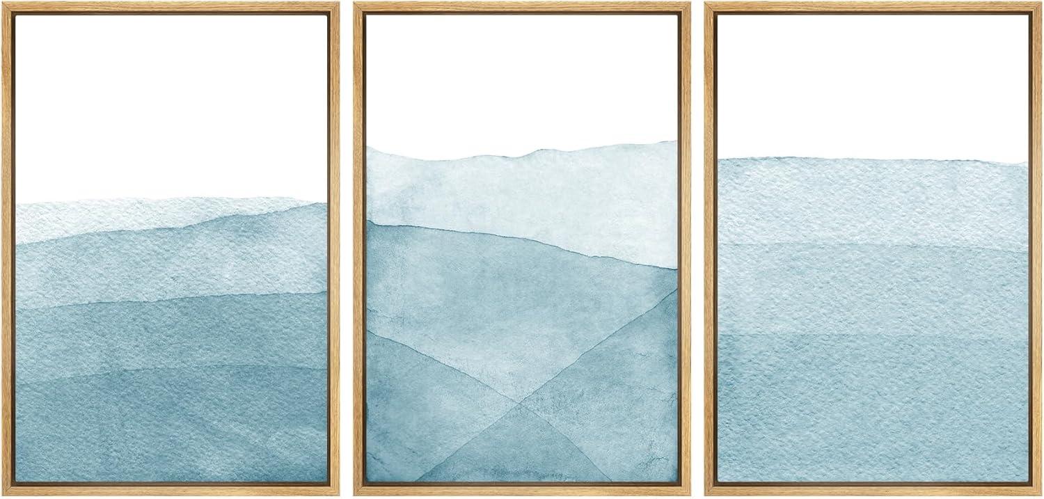 Blue Abstract Landscape Canvas Print Set with Natural Frames