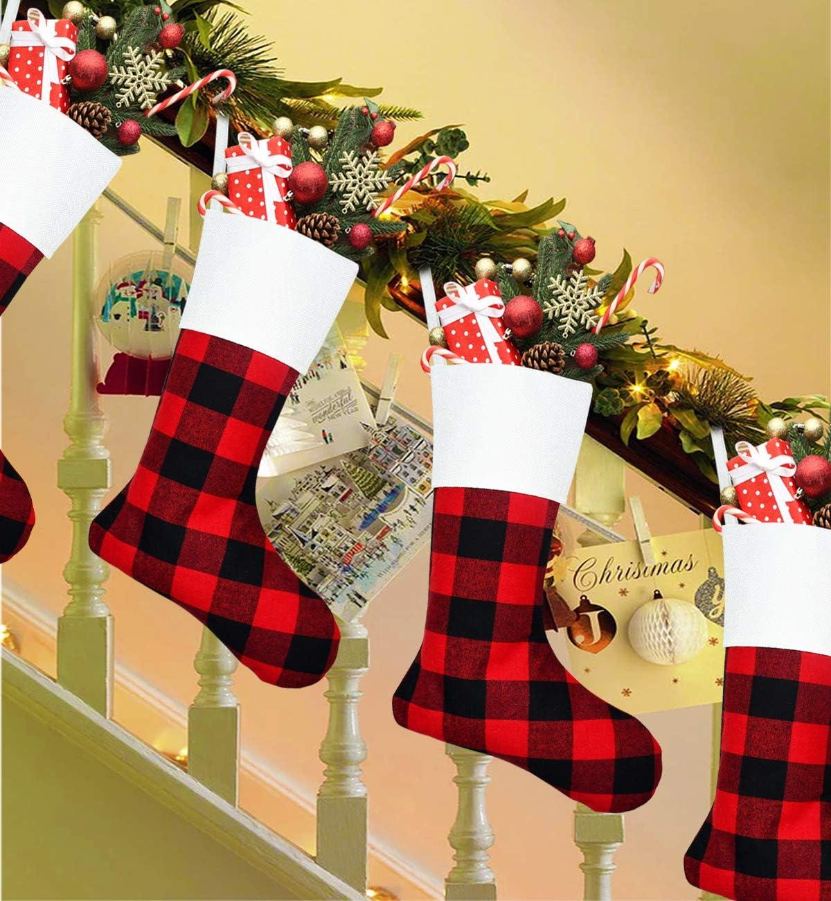 TinyGlam  Christmas Red Black Buffalo Plaid Stockings,6 Pack 18 Inches Large Plaid Stockings with Plush Cuff,Classic Christmas Stockings Decorations for Fireplace Hanging and Holiday Décor