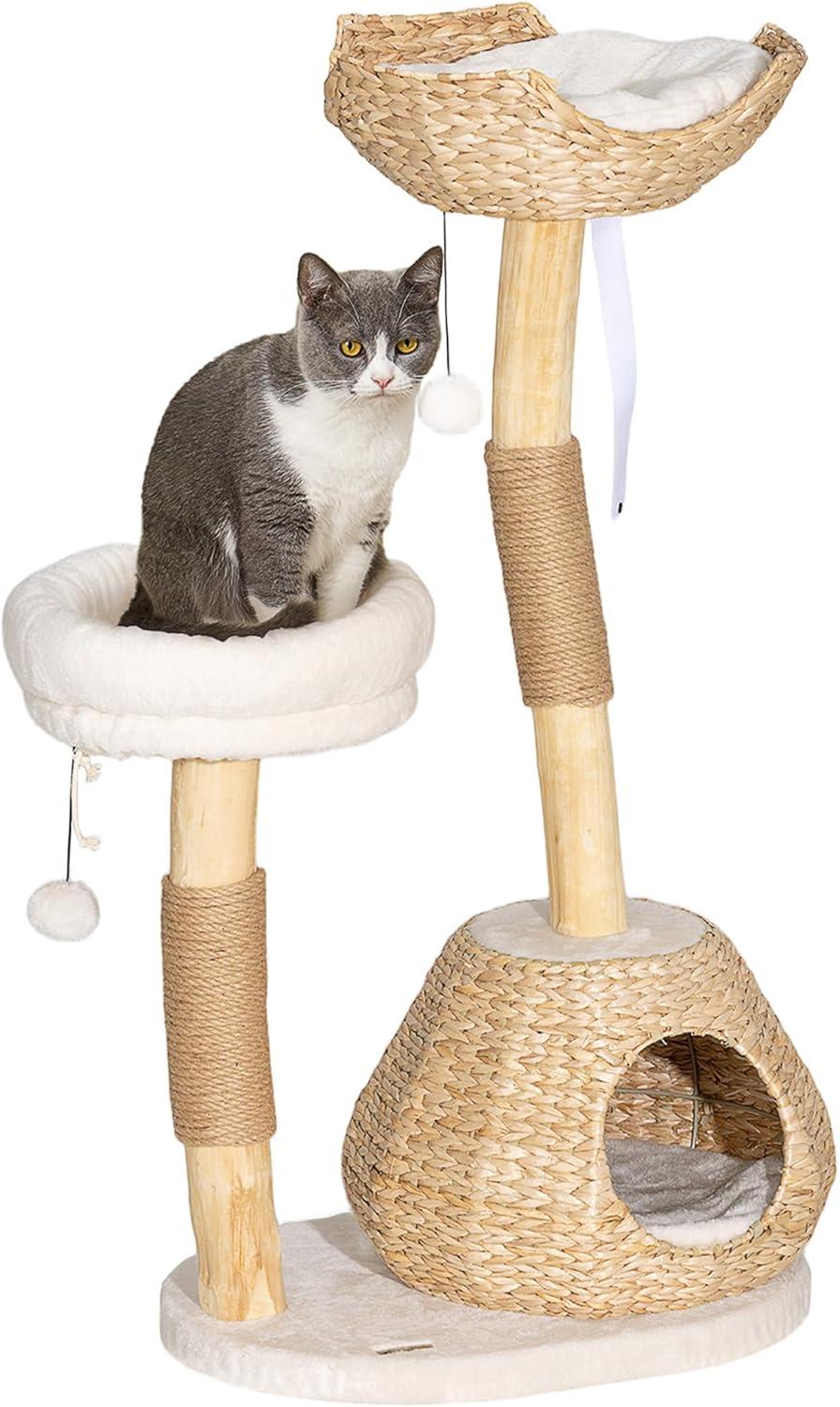 PawHut Cat Tree for Indoor Cats, 41" Cat Tower with Wooden Cat Scratching Posts, Cat Condo, Cat Beds & Toy Balls, Cream White