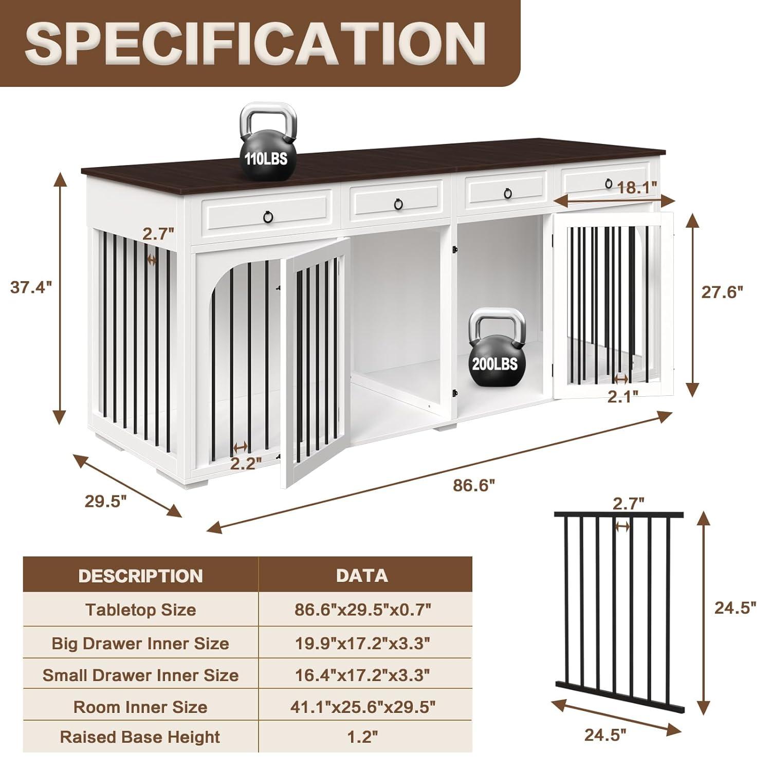 Tucker Murphy Pet™ 74.8" XXL Double Dog Kennel Furniture For Large Breed,Heavy Duty Wooden Dog Crate Cage Furniture Style With Storage Rack And Divider For 2 Dogs Indoor,White & Reviews | Wayfair