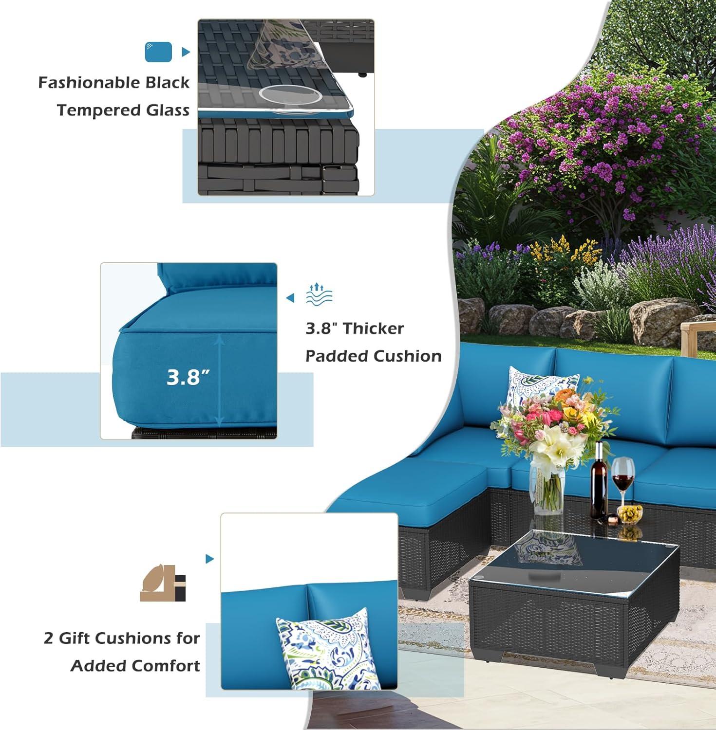 Black Steel Frame 7-Piece Outdoor Sectional Sofa Set with Blue Cushions