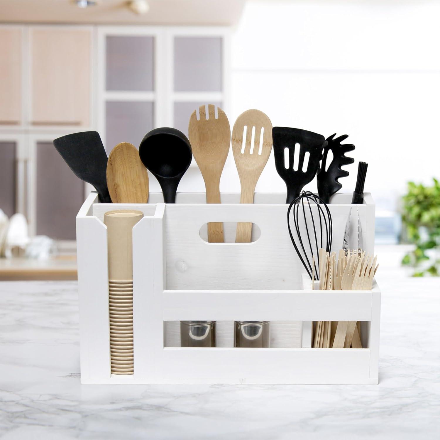 Elegant Designs Pantry Picks Farmhouse Wooden Flatware and Utensils Caddy Condiment Organizer