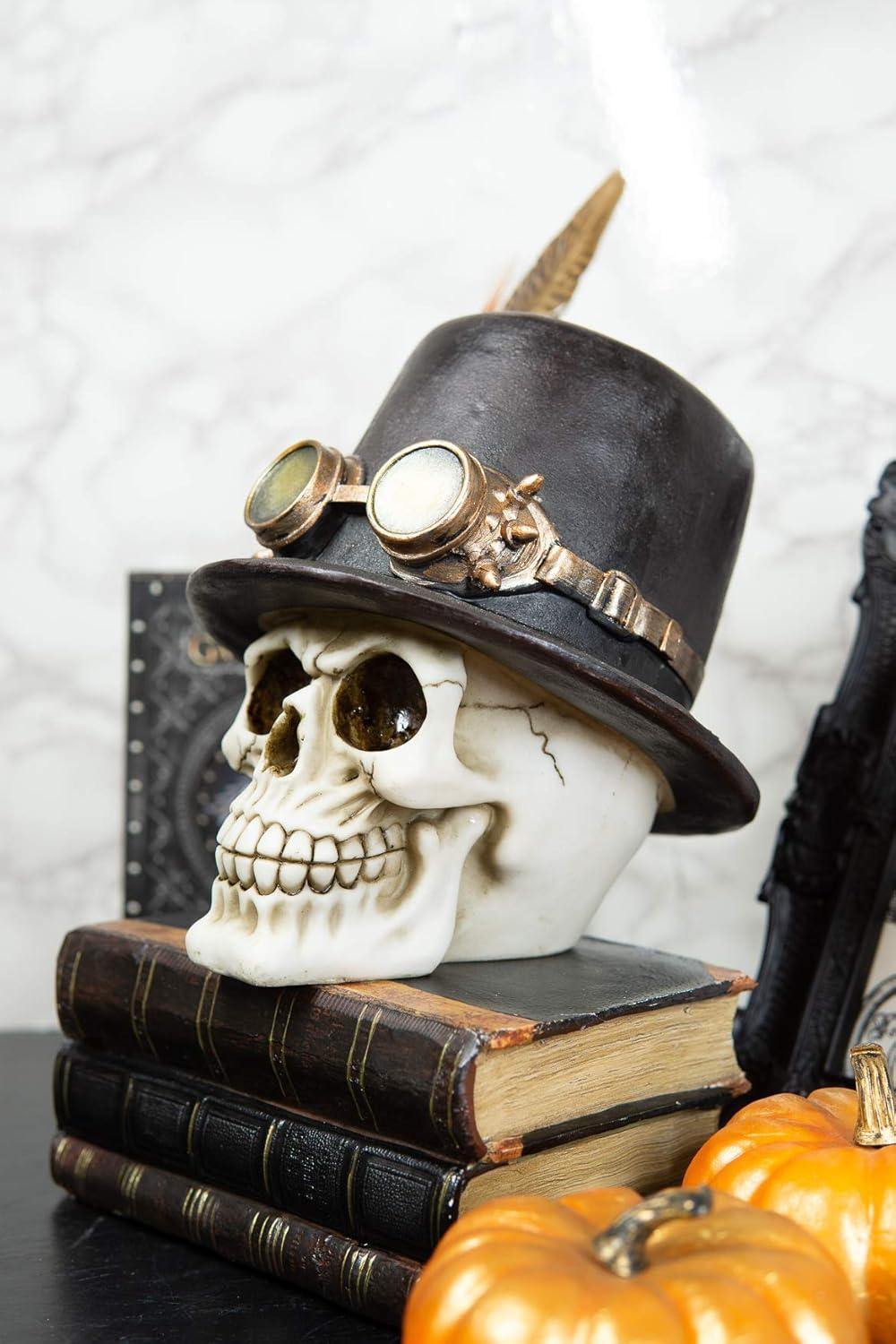 Aristocrat Steampunk Skull with Royal Feather & Goggles Figurine