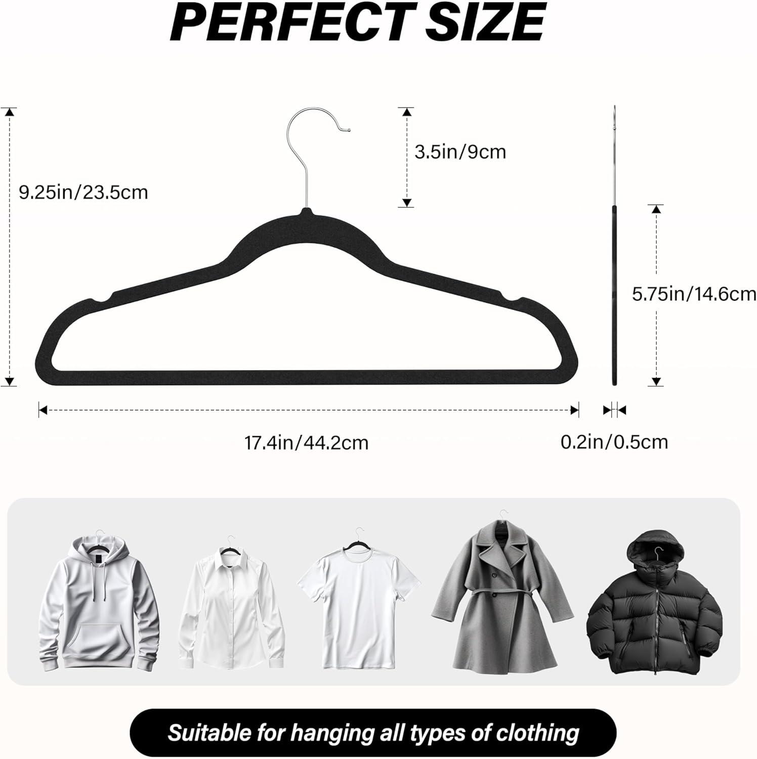 Simple Deluxe 50 Pack Non-Slip Velvet Hangers, 360° Swivel Hooks, Clothes Hangers with Shoulder Notches, Heavy Duty Coat Suit Hangers for Coats & Pants, Black