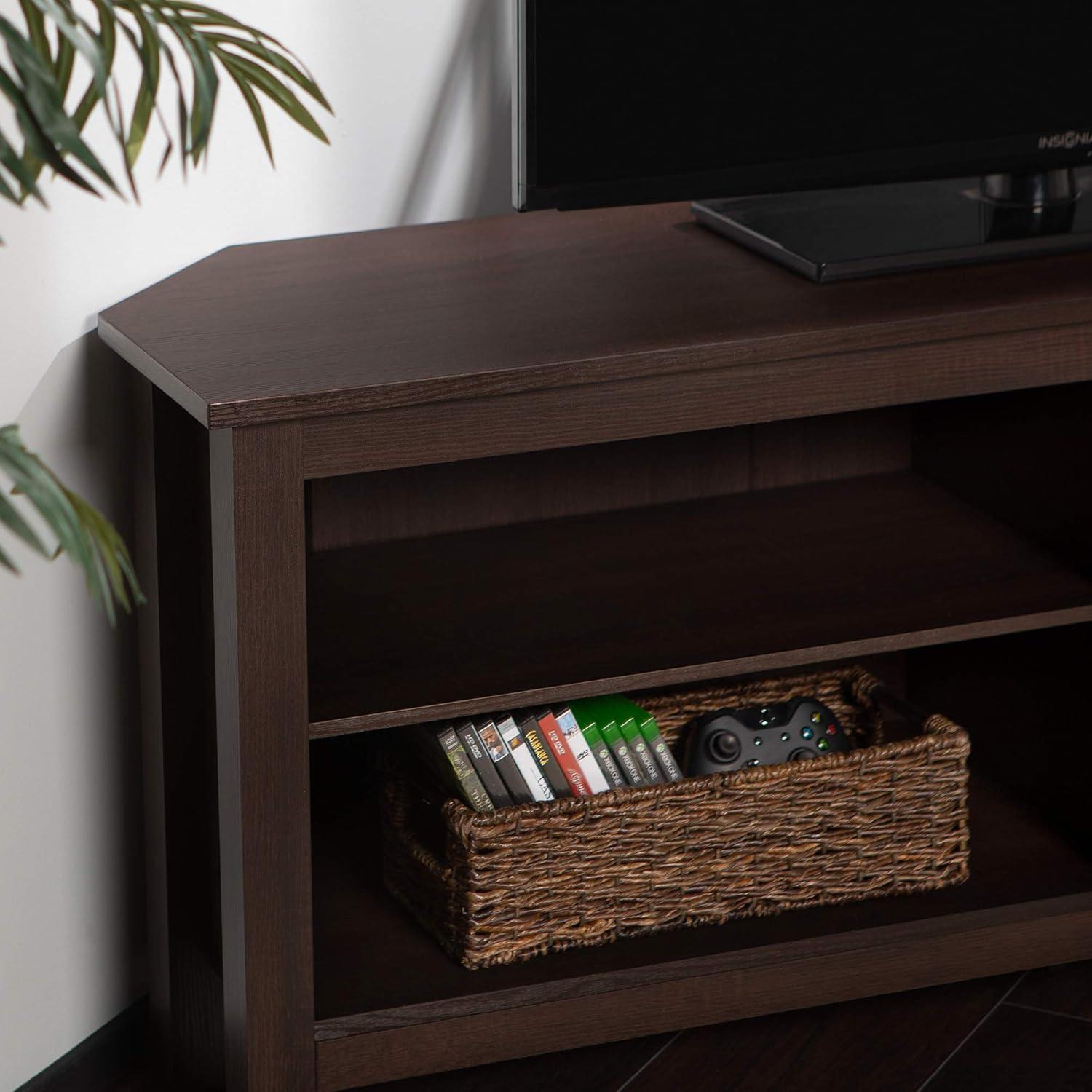 Espresso Corner Wood Media Stand with Adjustable Shelving